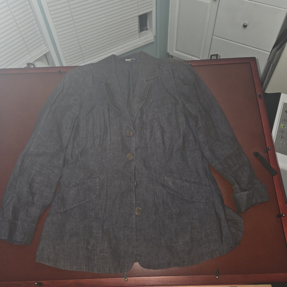 ! Eileen Fisher Rumpled Linen Delave Blazer Shaped Jacket  Size 4 Dark Grey